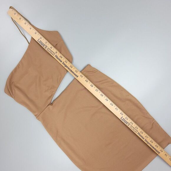 NEW Princess Polly Mia Asymmetric One Shoulder Cut Out Mini Dress Tan Brown US 2 - Picture 4 of 6